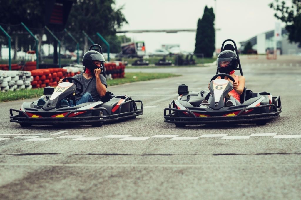 mother and son go-karts side-by-side